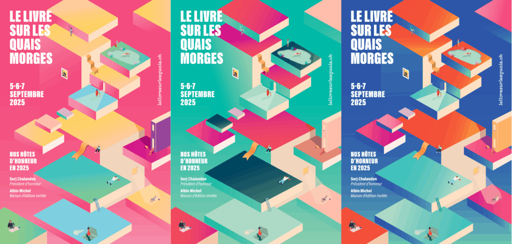 Les trois version de l'affiche 2025 du Livre sur les quais (rose, verte et bleue) côte à côte.